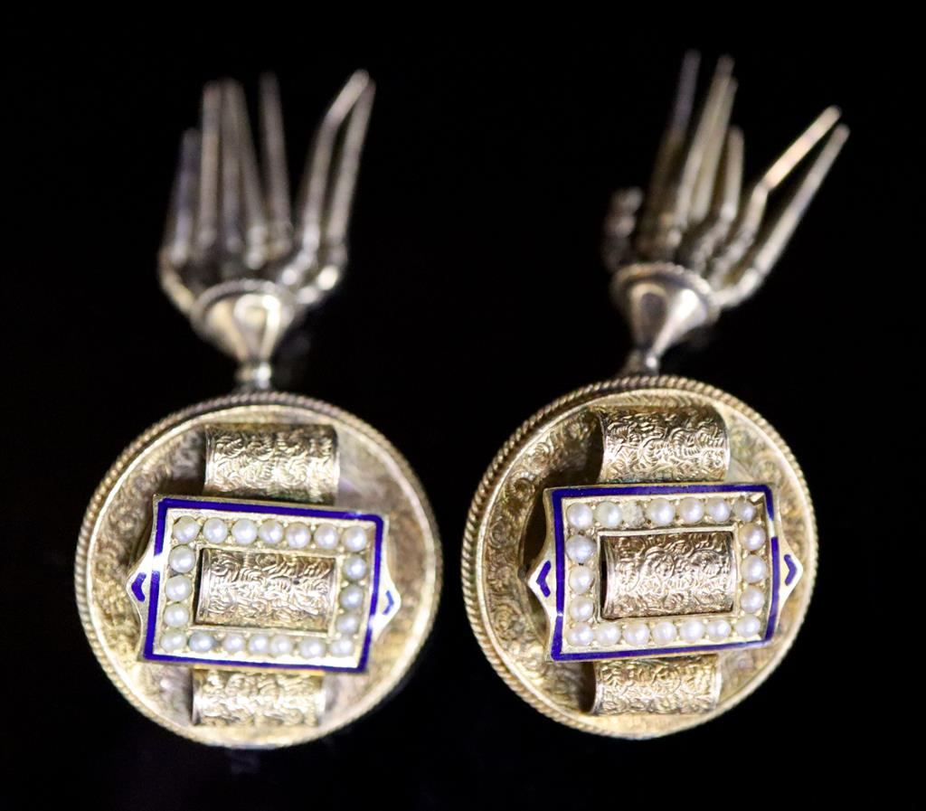 A Victorian gold (tests as 14ct), pearl and blue enamel tassel brooch with central buckle motif and a pair of matching earrings,